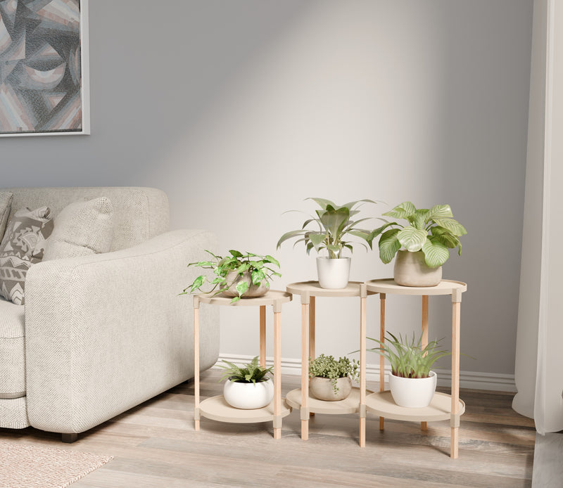 Fixwood 2-Laags Plantenstandaard Set van 3 – Massief Hout & Kunststof – Modern Bloemenrek – Plantenhouder Binnen – Scandinavisch Design – Beige – 2-Tier Plant Stand