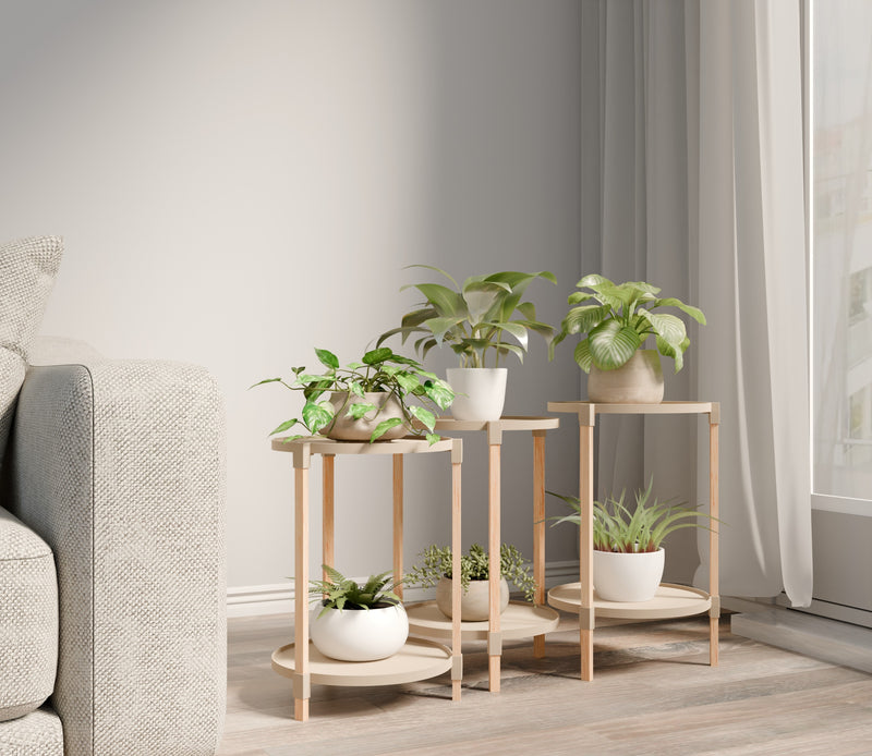 Fixwood 2-Laags Plantenstandaard Set van 3 – Massief Hout & Kunststof – Modern Bloemenrek – Plantenhouder Binnen – Scandinavisch Design – Beige – 2-Tier Plant Stand