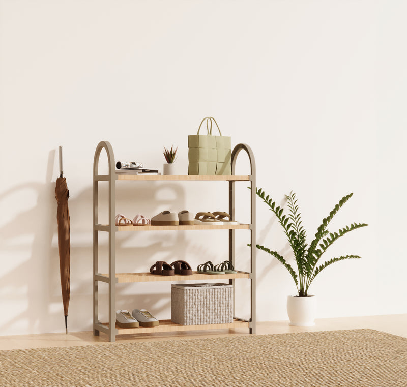 Schoenenrek 4 Lagen – Ruimtebesparend Schoenenkast – Modern Design – Metaal & Hout – Voor 12+ Paar Schoenen – Opbergsysteem Schoenenrek Hal, Slaapkamer of Woonkamer