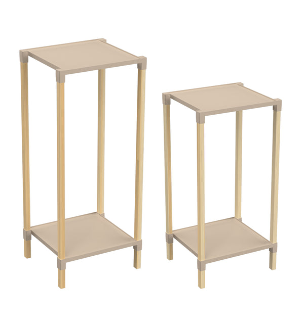 FixWood 2-Tier Plantenstandaard – Set van 2 Bloemenrekken – Houten Bloemenstandaard voor Binnen & Buiten – Decoratieve Plantentafel – 40 & 50 cm Hoog – Beige/Natuur