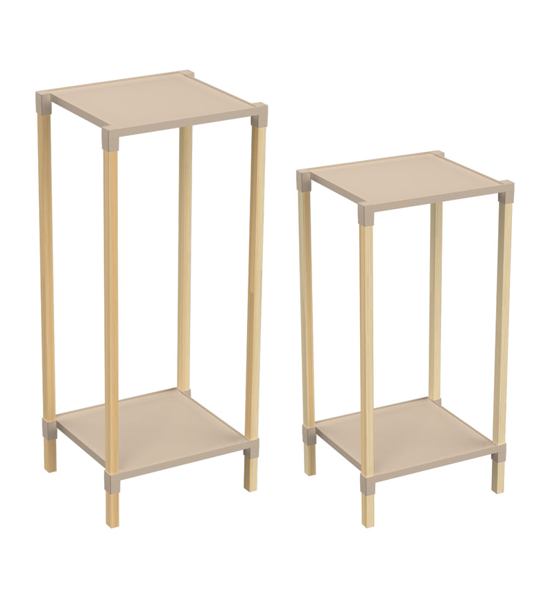 FixWood 2-Tier Plantenstandaard – Set van 2 Bloemenrekken – Houten Bloemenstandaard voor Binnen & Buiten – Decoratieve Plantentafel – 50 & 60 cm Hoog – Beige/Natuur