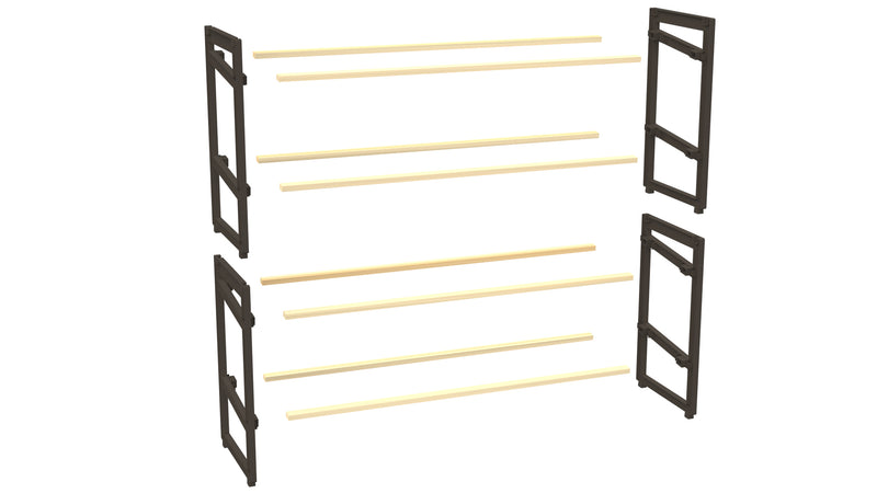 FixWood Houten Schoenenrek – 2-in-1 Stapelbaar Schoenenrek – 2 of 4 Lagen – Compact, Duurzaam en Stijlvol – Zwart/Hout – 65x26x52 cm