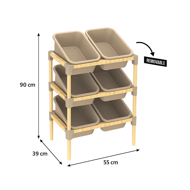 FixWood 3-laags Opbergrek met 6 uitneembare bakken – Houten Speelgoed- en Groente Organizer – 90x55x39 cm – Duurzaam en multifunctioneel