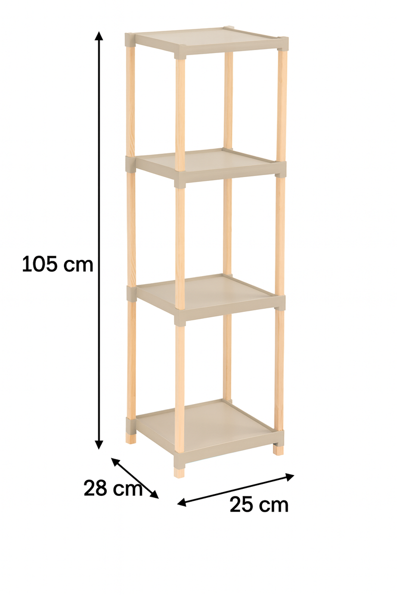 FixWood Houten Modulaire Opbergrek – Massief Hout & Kunststof – Badkamerrek, Keukenrek of Plantenrek – 105 cm Hoog – Beige/Naturel