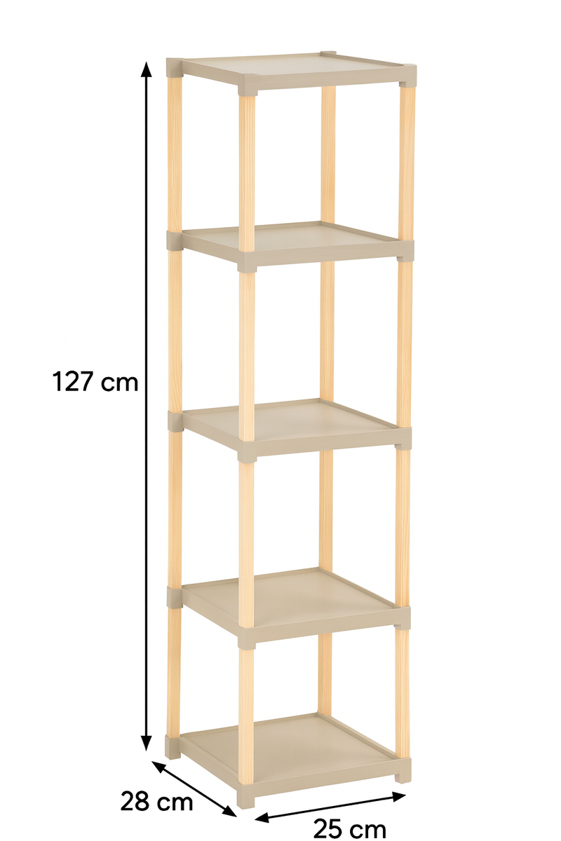 FixWood Houten Modulaire Opbergrek – Massief Hout & Kunststof – Badkamerrek, Keukenrek of Plantenrek – 127 cm Hoog – Beige/Naturel