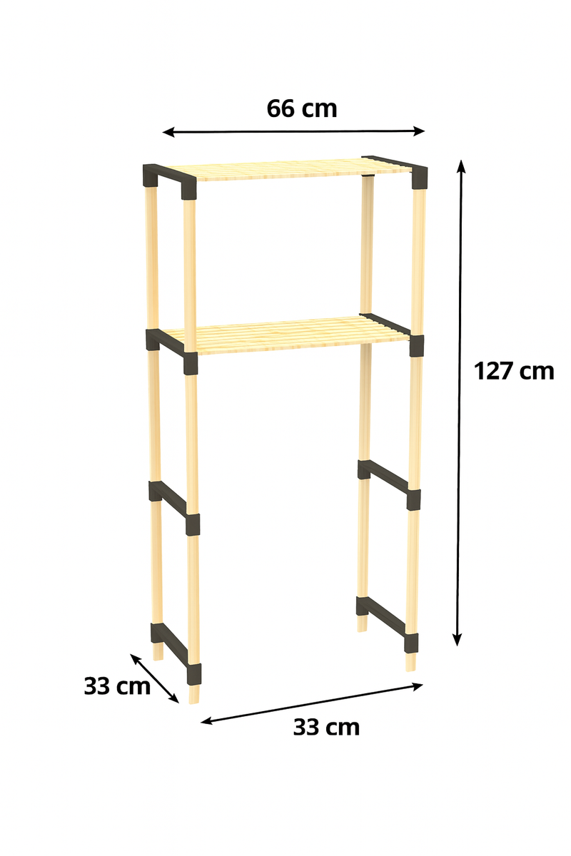 FixWood 2-Laags Wasmachine Rek – Zwart - Houten Opbergrek voor Wasmachine – Ruimtebesparend Badkamerrek 127 cm – Beukenlook – 33x66x127 cm (