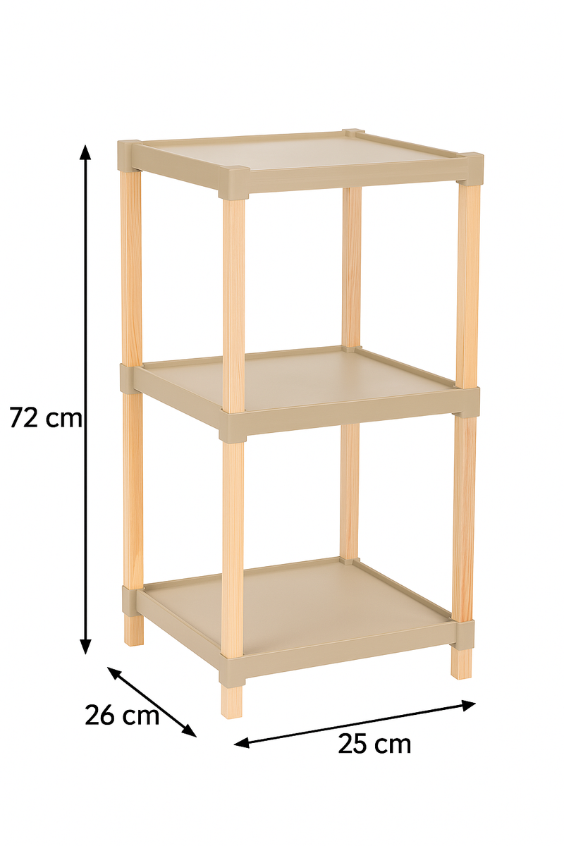 FixWood Houten Modulaire Opbergrek – Massief Hout & Kunststof – Badkamerrek, Keukenrek of Plantenrek – 72 cm Hoog – Beige/Naturel