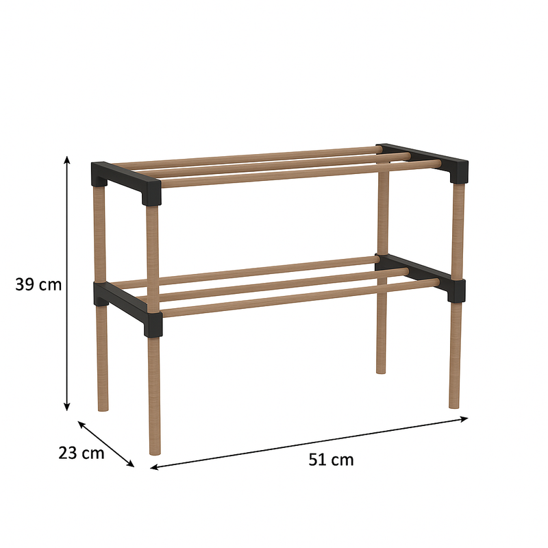 Schoenenrek 2 Lagen – Zwart - Compact Houten Schoenenkast – Ruimtebesparend Schoenenrek voor 6+ Paar – Duurzaam & Modern Design – 51 x 23 x 39 cm