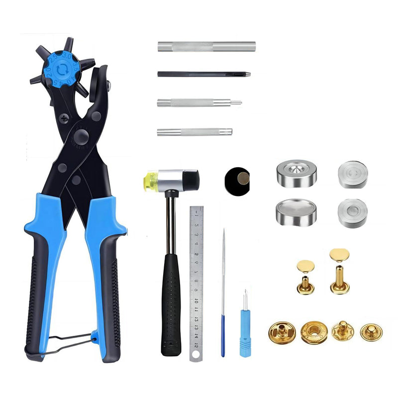Gaatjestang voor Riem - Blauw - Complete Set - Gatentang - Ergonomische Anti Slip - Revolvertang - Leergereedschap - Gatenmaker - Ponstang