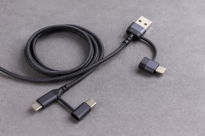 3-in-1 USB Kabel – 1 meter – Snelladen & Dataoverdracht – USB naar USB-C / Lightning – Nylon Gevlochten – Zwart