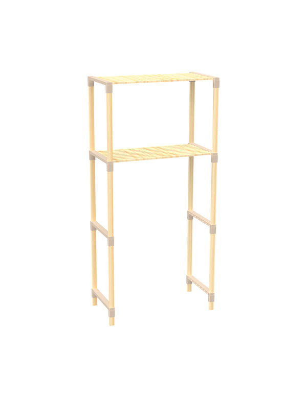 FixWood 2-Laags Wasmachine Rek – Beige - Houten Opbergrek voor Wasmachine – Ruimtebesparend Badkamerrek 127 cm – Beukenlook – 33x66x127 cm