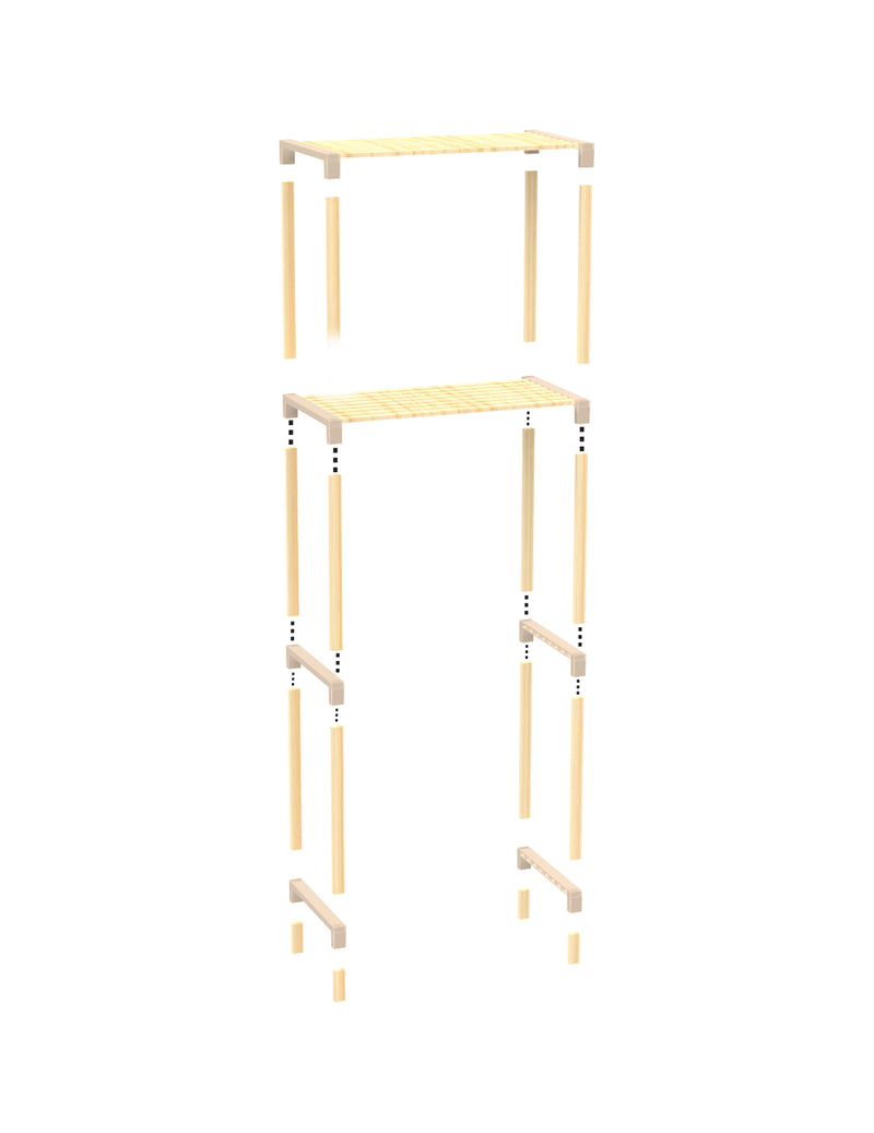 FixWood 2-Laags Wasmachine Rek – Beige - Houten Opbergrek voor Wasmachine – Ruimtebesparend Badkamerrek 127 cm – Beukenlook – 33x66x127 cm