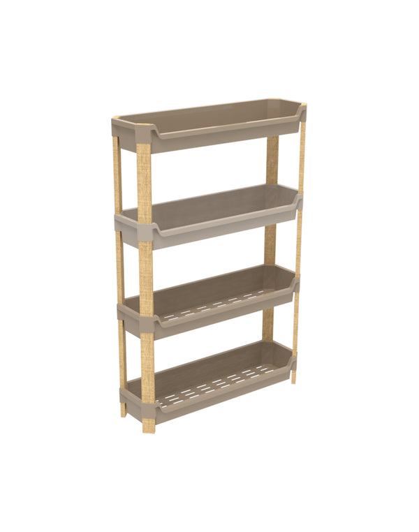 FixWood Modulaire Opbergkast – 4-Laags Houten Rek met Kunststof Bakken – Badkamer, Keuken & Woonkamer – Duurzaam en Stijlvol Design – 68 cm Hoog – Beige / Naturel