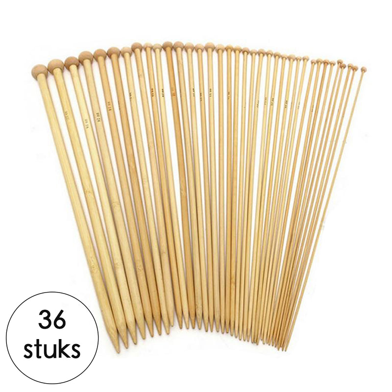 Breinaalden Set Bamboe 36 Stuks - 18 Verschillende Maten - 35 cm Lang - 2 tot 10 mm Dikte - Ergonomische Breinaald - Kwalitatief Hoogwaardig Bamboe