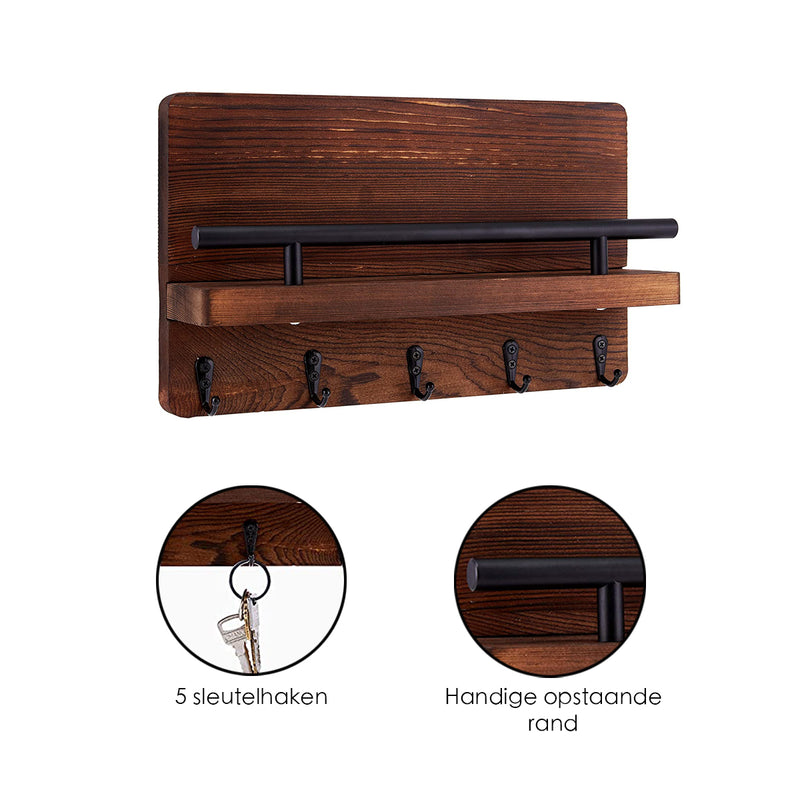 Schlüsselleiste - Schlüsselschränke - Fünf Schlüsselhaken 30 x 18 cm - Buchenholz - Dunkelbraun