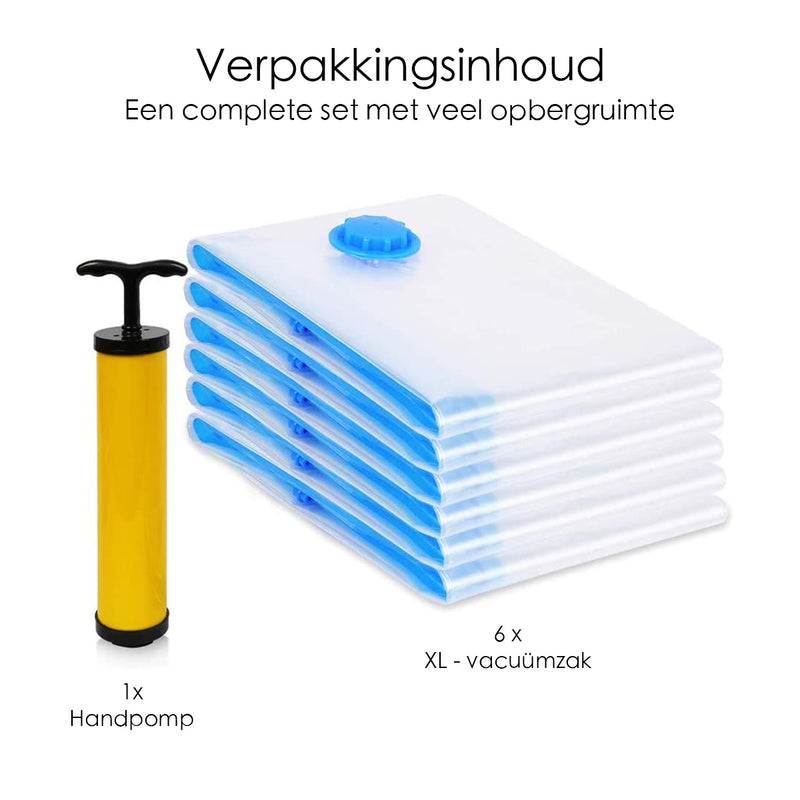 Vacuum opbergzakken 6 stuks – XL Vacuümzakken - Reis Opbergzakken – Travel bag - XL – Set van 6 - Inclusief Handpomp